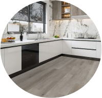 a kitchen with beatiful vinyl flooring